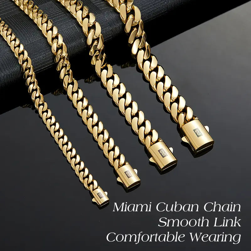KingCuban Jewelry Set 2pcs 14K Gold Vacuum Plated Stainless Steel With Copper Black "S" Ear Clasp Miami Cuban Link Chain 6-14mm Necklace & Braceletfor Women & Men Luxury Jewelry, Daily Wear, Fashion, Gift, Chicano, Classic, Hip Hop, Simple, Sporty