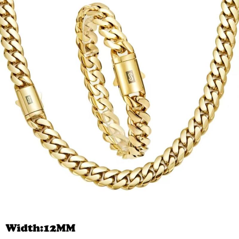 KingCuban Jewelry Set 2pcs 14K Gold Vacuum Plated Stainless Steel With Copper Black "S" Ear Clasp Miami Cuban Link Chain 6-14mm Necklace & Braceletfor Women & Men Luxury Jewelry, Daily Wear, Fashion, Gift, Chicano, Classic, Hip Hop, Simple, Sporty