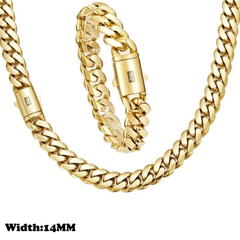KingCuban Jewelry Set 2pcs 14K Gold Vacuum Plated Stainless Steel With Copper Black "S" Ear Clasp Miami Cuban Link Chain 6-14mm Necklace & Braceletfor Women & Men Luxury Jewelry, Daily Wear, Fashion, Gift, Chicano, Classic, Hip Hop, Simple, Sporty