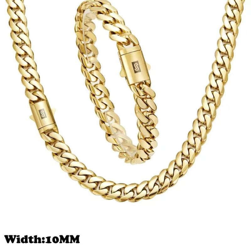 KingCuban Jewelry Set 2pcs 14K Gold Vacuum Plated Stainless Steel With Copper Black "S" Ear Clasp Miami Cuban Link Chain 6-14mm Necklace & Braceletfor Women & Men Luxury Jewelry, Daily Wear, Fashion, Gift, Chicano, Classic, Hip Hop, Simple, Sporty
