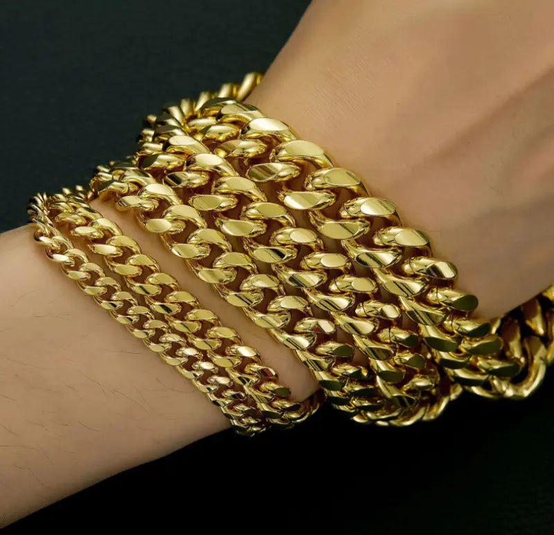 KingCuban 14K Gold Plated Luxury Bracelet Waterproof Fade-Resistant Non-Allergenic 6mm 8mm 10mm 12mm 14mm Sizes for Casual Business Leisure