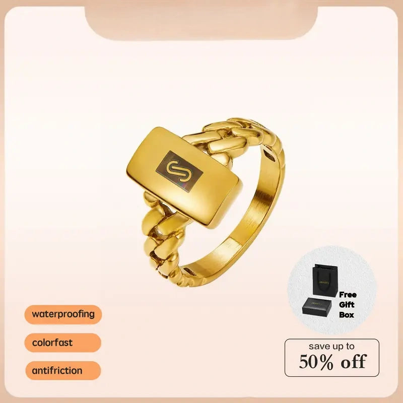 Gold S-Logo Handmade Gold-Plated Stainless Steel Ring – Unisex Hip-Hop Essential! Crafted with premium stainless steel, it’s waterproof, anti-allergic and fade-proof, perfect for streetwear lovers or as a cool holiday gift. Sizes 6-11 available.