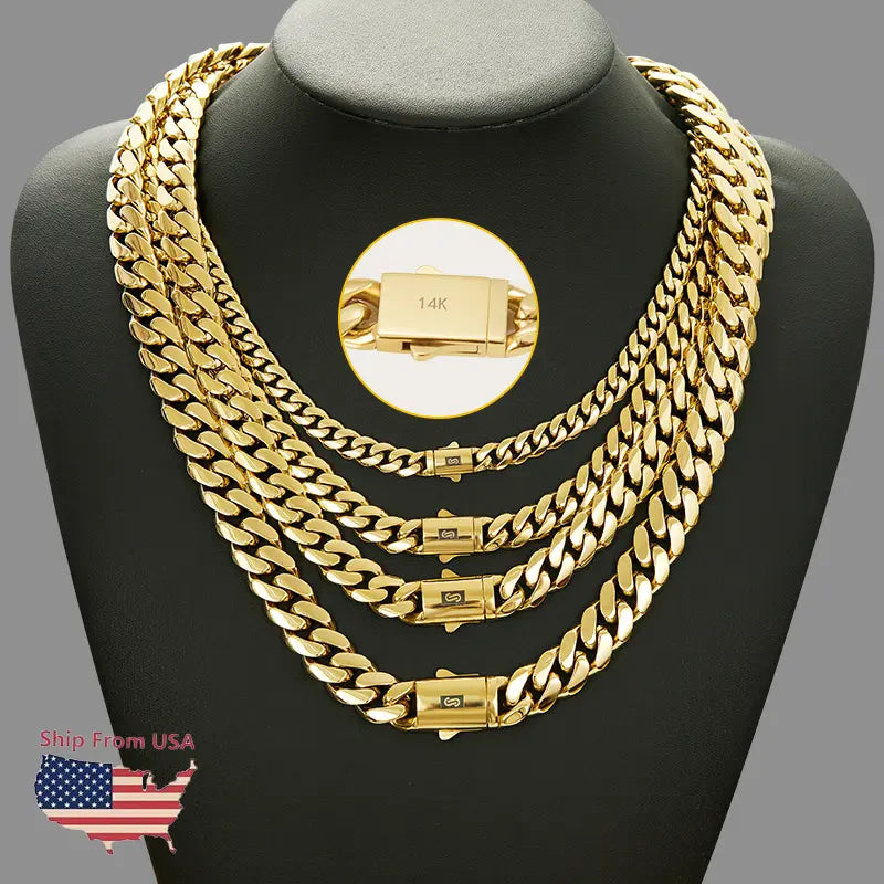 Gold S Clasp Cuban Link Chain-14k gold-platednecklaceChunky Hip Hop Necklace for Men, Stainless Steel,Waterproof Streetwear men's jewelry chains