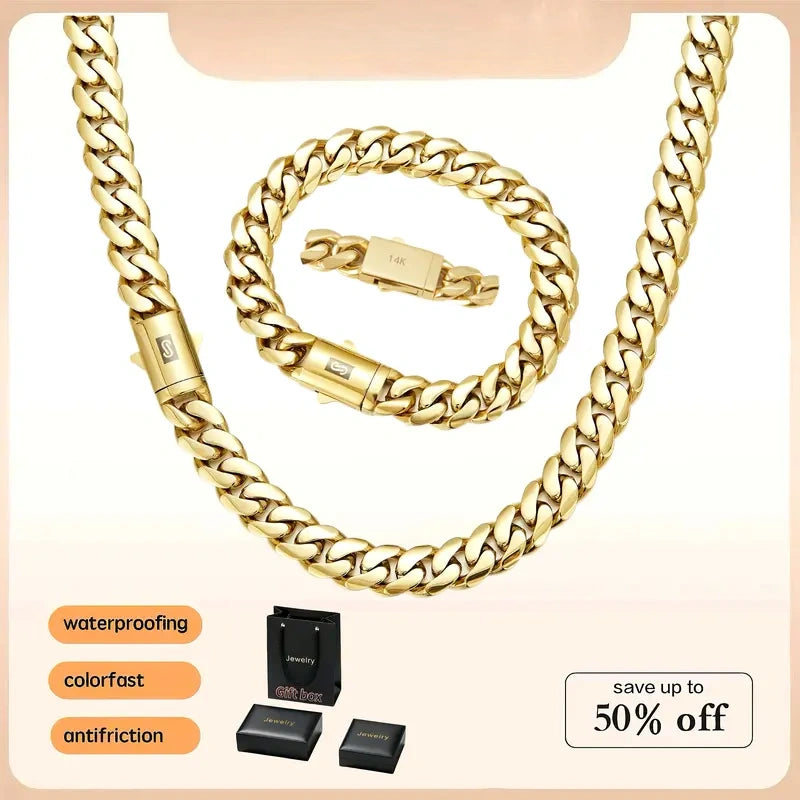 KingCuban Jewelry Set 2pcs 14K Gold Vacuum Plated Stainless Steel With Copper Black "S" Ear Clasp Miami Cuban Link Chain 6-14mm Necklace & Braceletfor Women & Men Luxury Jewelry, Daily Wear, Fashion, Gift, Chicano, Classic, Hip Hop, Simple, Sporty