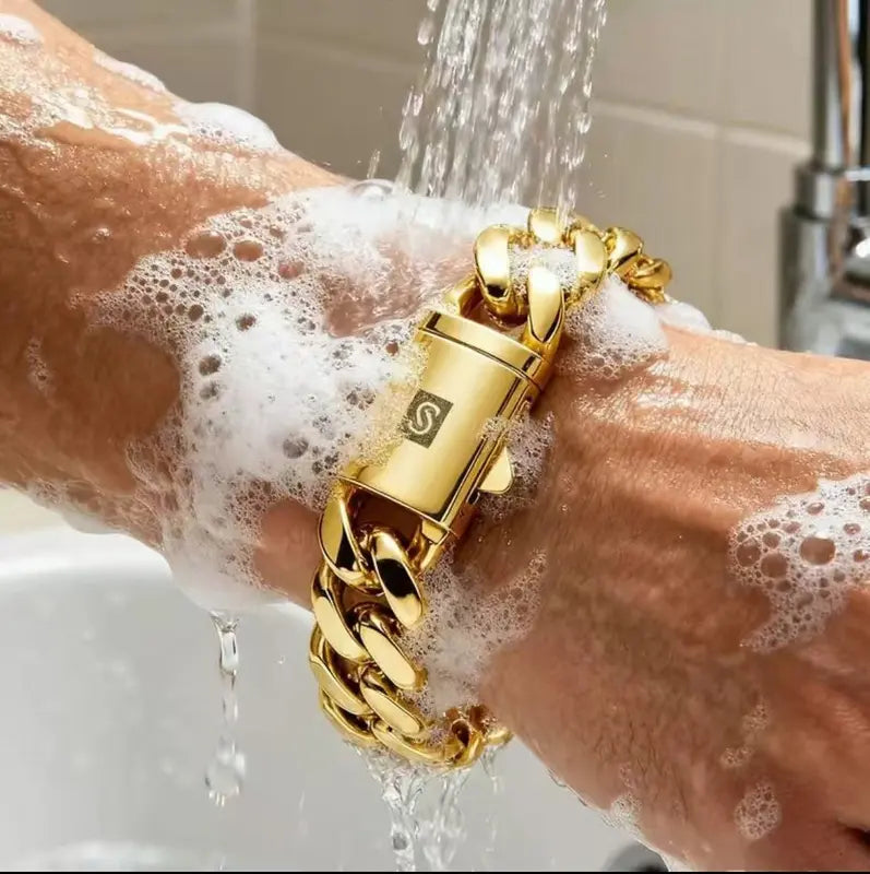 Gold "S" Clasp 14K gold-plated Cuban Link Bracelet - Chunky Gold Hip Hop Chain for Men - Punk Stainless Steel Street Style