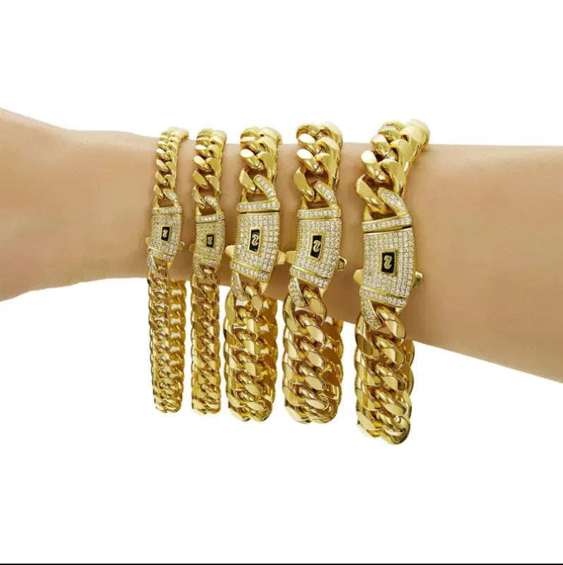 KingCuban 14K Gold Plated Luxury Bracelet Waterproof Fade-Resistant Non-Allergenic 6mm 8mm 10mm 12mm 14mm Sizes for Casual Business Leisure