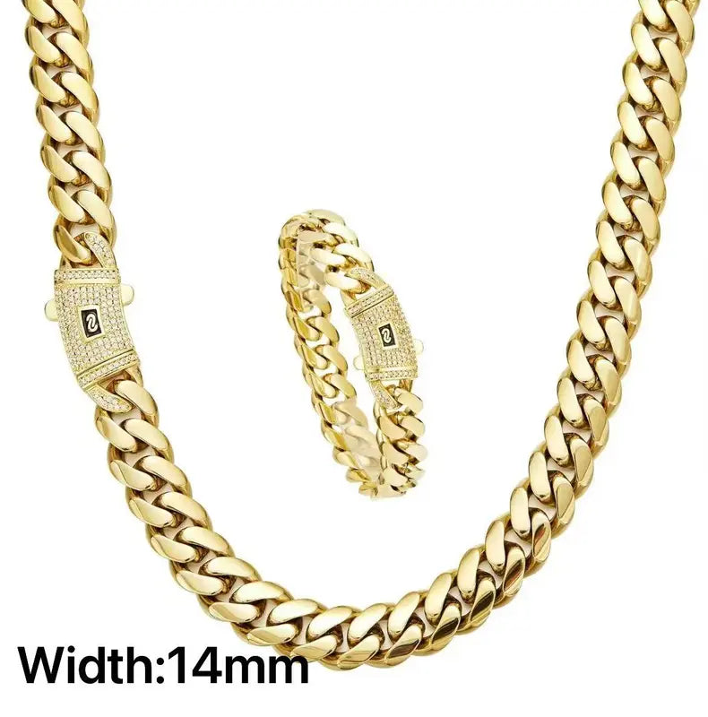 KingCuban Jewelry Set 2pcs 14K gold-plated Cuban necklace and bracelet, new anti-rust technology, comfortable to wear and non-allergic. 6mm/8mm/10mm/12mm/14mm can be selected. Suitable for leisure, business, entertainment and any other occasions