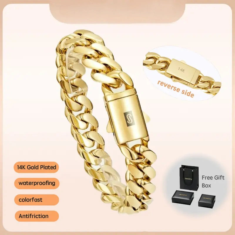 Gold "S" Clasp 14K gold-plated Cuban Link Bracelet - Chunky Gold Hip Hop Chain for Men - Punk Stainless Steel Street Style