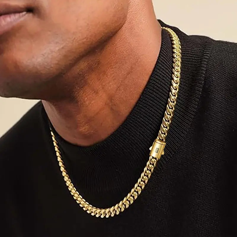 Gold S Clasp Cuban Link Chain-14k gold-platednecklaceChunky Hip Hop Necklace for Men, Stainless Steel,Waterproof Streetwear men's jewelry chains