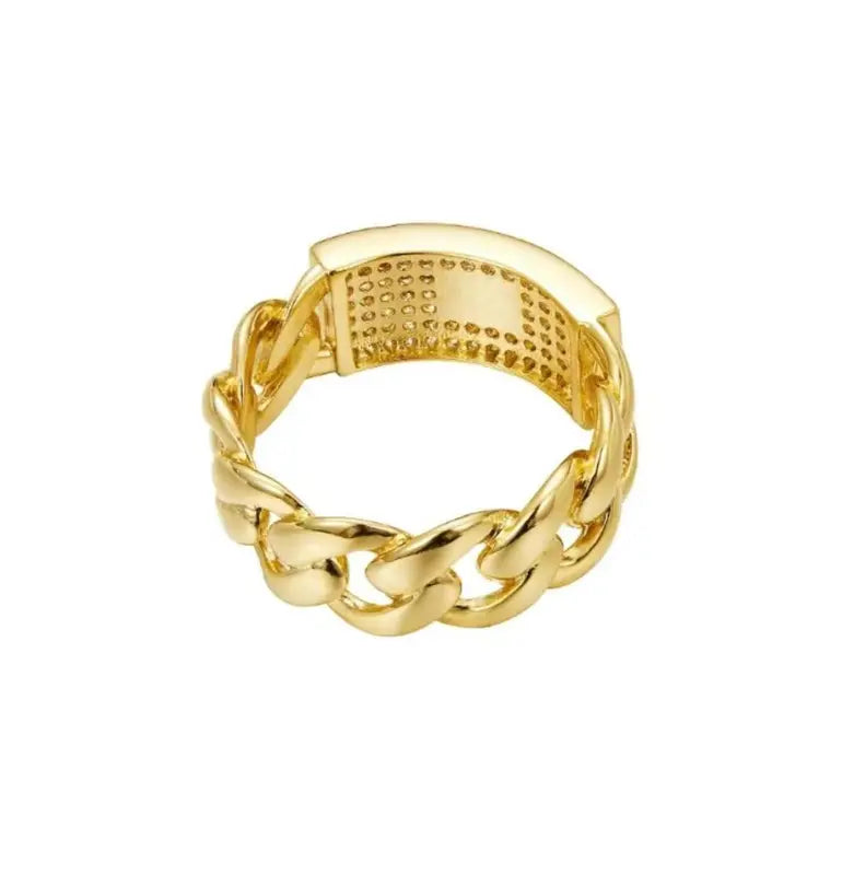 14K Gold Plated Iced Out Cuban Link Ring - Bling Initial "S" Zircon Ring for Men - Hip Hop Streetwear Jewelry