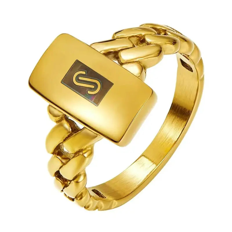 Gold S-Logo Handmade Gold-Plated Stainless Steel Ring – Unisex Hip-Hop Essential! Crafted with premium stainless steel, it’s waterproof, anti-allergic and fade-proof, perfect for streetwear lovers or as a cool holiday gift. Sizes 6-11 available.