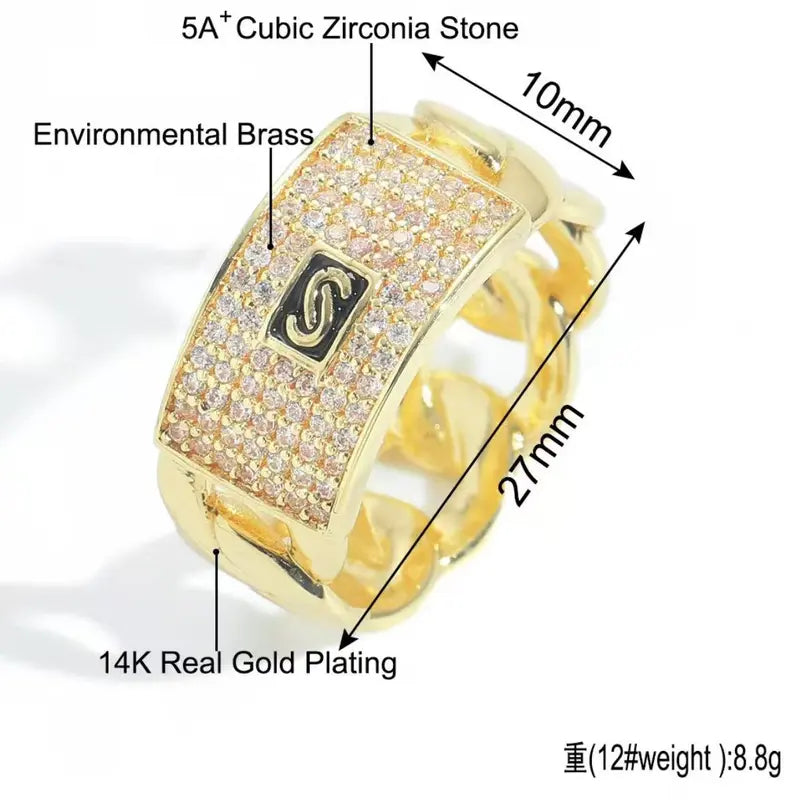 14K Gold Plated Iced Out Cuban Link Ring - Bling Initial "S" Zircon Ring for Men - Hip Hop Streetwear Jewelry