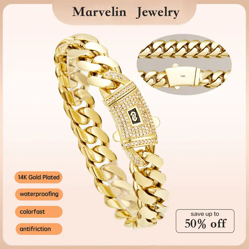 KingCuban 14K Gold Plated Luxury Bracelet Waterproof Fade-Resistant Non-Allergenic 6mm 8mm 10mm 12mm 14mm Sizes for Casual Business Leisure
