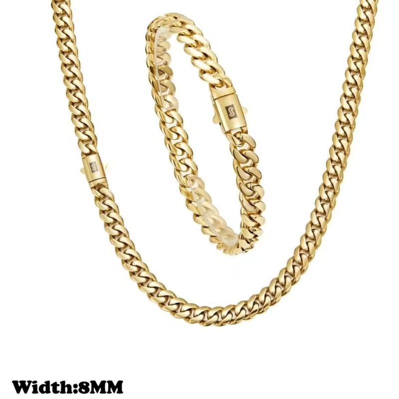 KingCuban Jewelry Set 2pcs 14K Gold Vacuum Plated Stainless Steel With Copper Black "S" Ear Clasp Miami Cuban Link Chain 6-14mm Necklace & Braceletfor Women & Men Luxury Jewelry, Daily Wear, Fashion, Gift, Chicano, Classic, Hip Hop, Simple, Sporty