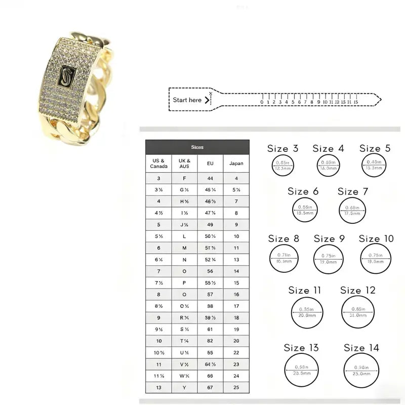 14K Gold Plated Iced Out Cuban Link Ring - Bling Initial "S" Zircon Ring for Men - Hip Hop Streetwear Jewelry