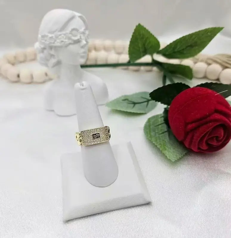 14K Gold Plated Iced Out Cuban Link Ring - Bling Initial "S" Zircon Ring for Men - Hip Hop Streetwear Jewelry